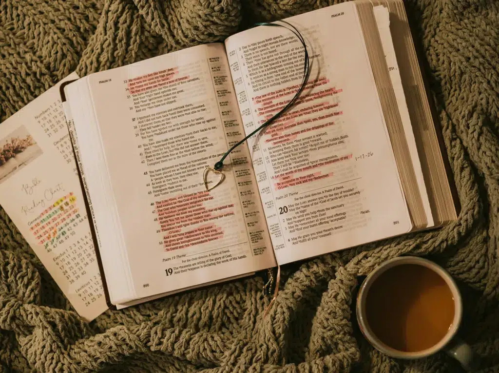 An open Bible with heart jewellery upon it.